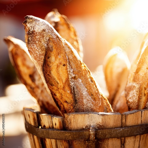Golden Morning Baguettes Resting in a Rustic Wooden Basket