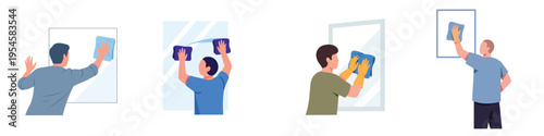 Flat vector minimalist illustration set of a person cleaning a window, everyday household scene, no outline, white canvas