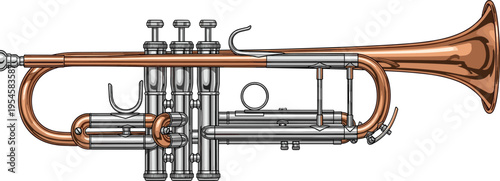 Realistic brass trumpet musical instrument illustration isolated detailed classical wind orchestra band equipment with valves professional vector drawing
