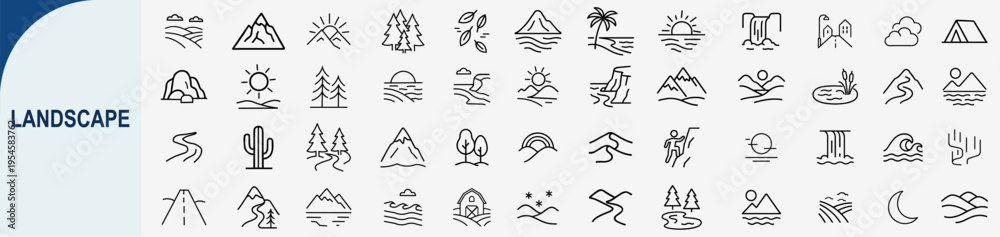 Fototapeta premium landscape outline icons, nature environment vector set collection