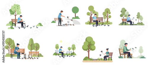 A person feeding birds in a small park, minimal flat vector illustration set, peaceful daily lifestyle scene, no outline, white background
