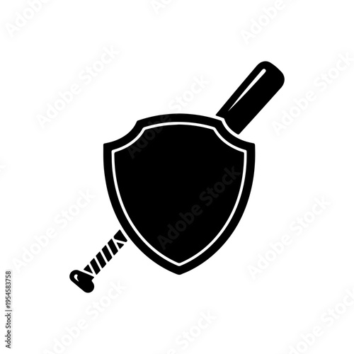 Solid silhouette of championship shield with cricket bat emblem Vector illustration