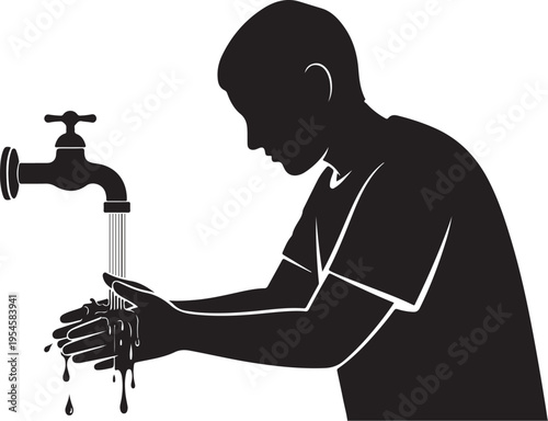 Man washing hands under a dripping faucet in silhouette