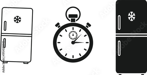 Refrigerator cooling time concept with fridge icons and stopwatch symbol food storage freezing technology kitchen appliance vector illustration