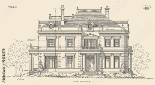 Detailed architectural drawing of an elegant vintage villa, showcasing a sophisticated classical facade with ornate design elements and a grand residential structure