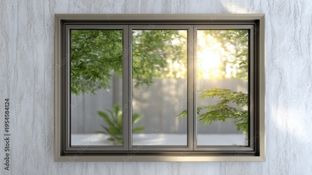 Fototapeta premium Sunlit modern window framing green foliage outside in warm light