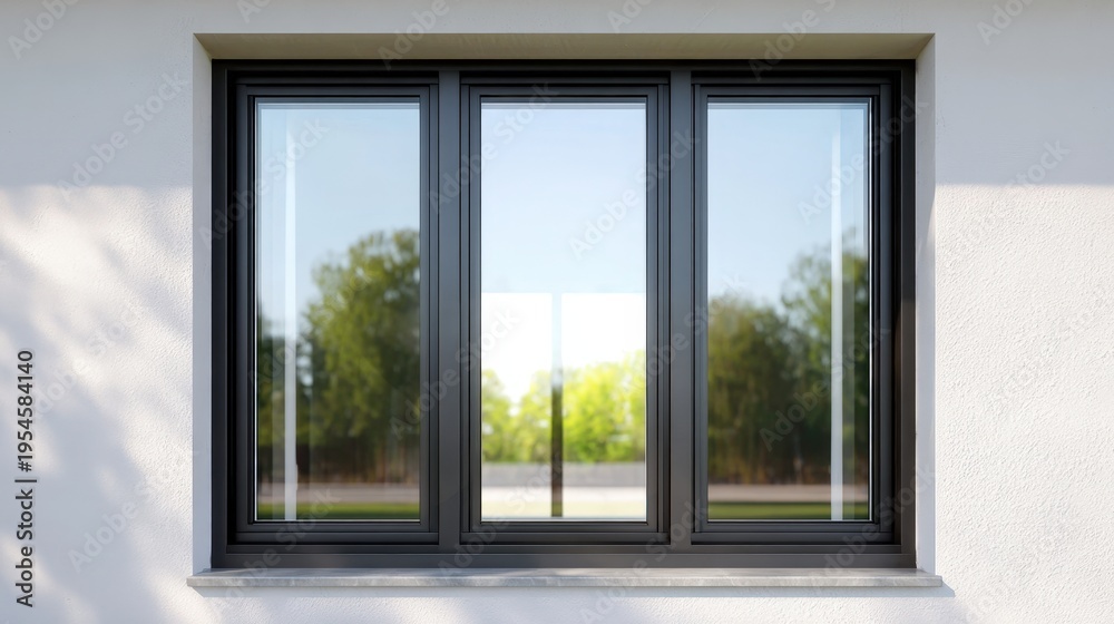 Fototapeta premium Triple Pane Black Window Framed by White Modern Facade with Reflection