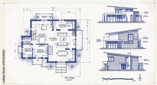 Modern architectural blueprint and elevation drawings of a contemporary house. Detailed line art illustrates residential floor plans and exterior design for innovative home building