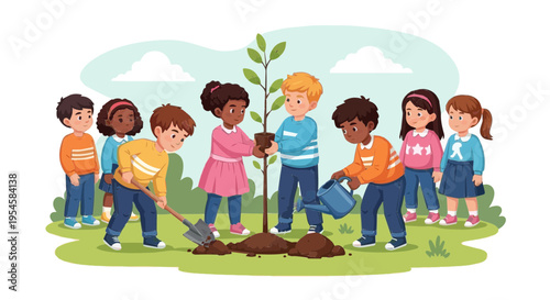 A high-quality vector illustration of a diverse group of multiethnic children working together to plant a young tree in a park or garden.