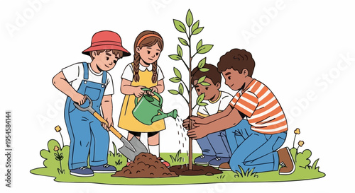 Children working together on an environmental reforestation project.