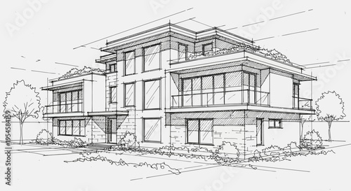 Architectural Line Art Sketch of a Modern Multi-Story Residential House with Contemporary Design Elements and Landscaping