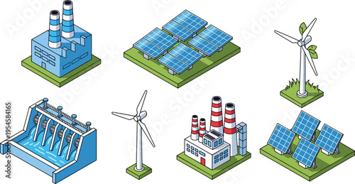 Renewable energy power generation set illustration with solar panels wind turbines hydroelectric dam and industrial power plant vector icons