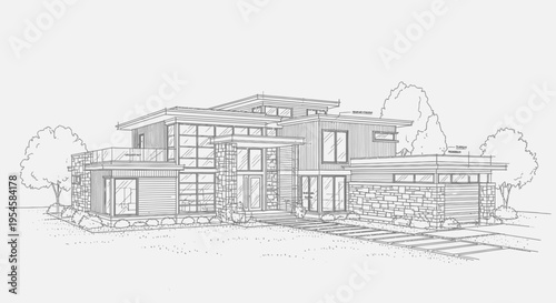 Modern architectural drawing of a luxurious two-story house with a stone facade and large windows