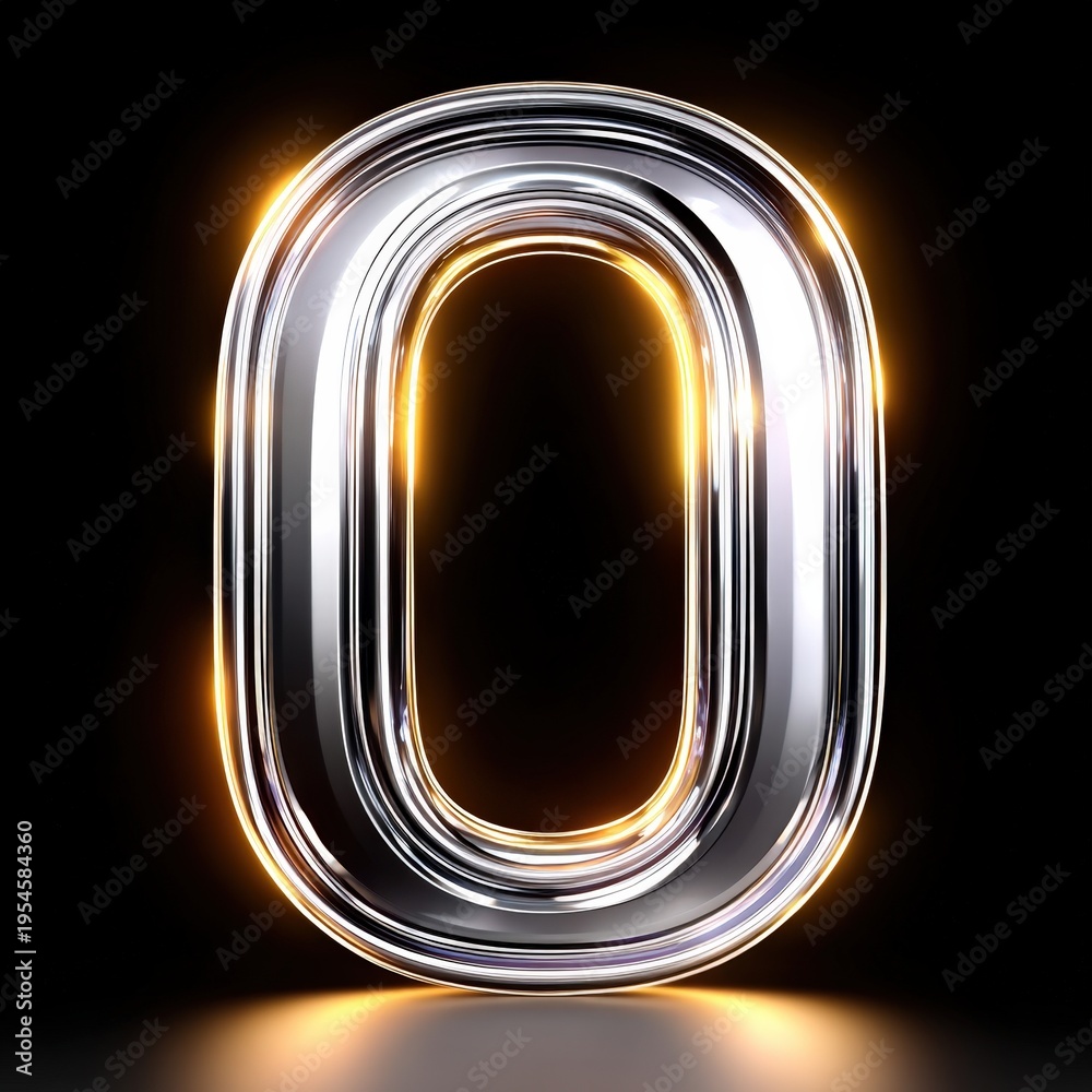 Obraz premium Shiny chrome zero numeral with neon glow against dark background for futuristic design