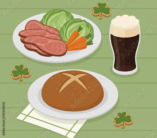 A traditional St. Patrick's Day dinner featuring savory corned beef, fresh cabbage, wholesome soda bread, and a frothy stout beer, perfect for a festive Irish celebration