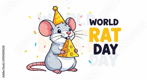 Cartoon rat in party hat holds pizza slice on world rat day with confetti
