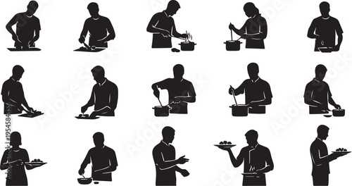 Silhouettes of a chef cooking in various kitchen positions
