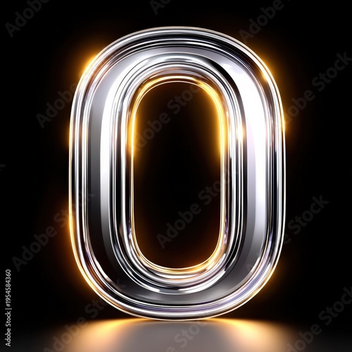 Shiny chrome zero numeral with neon glow against dark background for futuristic design