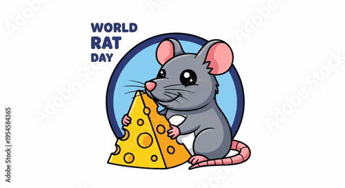 Cartoon rat holding cheese slice world rat day theme with grey rodent and yellow dairy product