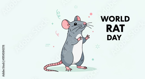 Cute cartoon rat standing on hind legs celebrating world rat day with cheerful expression