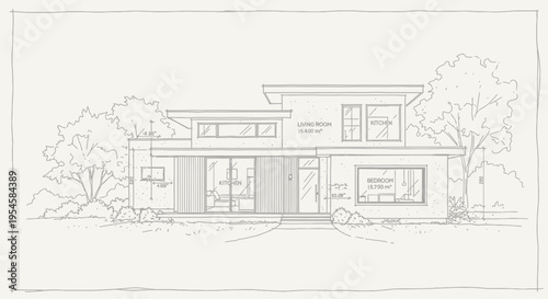 Architectural Sketch of a Stylish Modern House Featuring Clean Lines and a Flat Roof Design, Integrated with Outdoor Landscape Elements