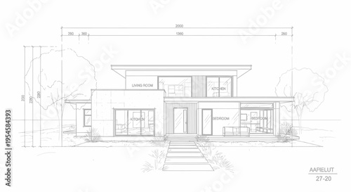 Architectural blueprint of a modern two-story residential house with detailed dimensions and exterior features