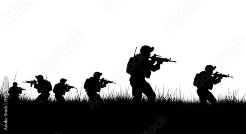 Military Special Forces Squad Silhouette Patrolling through High Grass