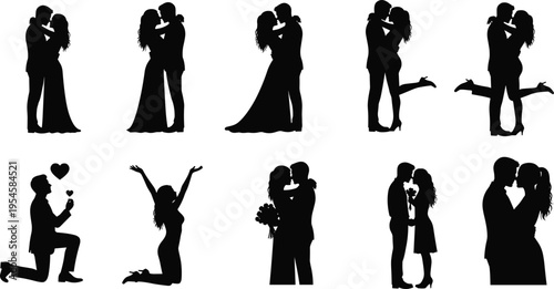 Romantic couple silhouettes collection showing kissing, hugging and marriage proposal poses love relationship theme vector illustration set