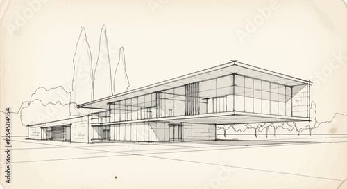 Architectural sketch of a modern, glass-walled residence with clean lines and surrounding trees