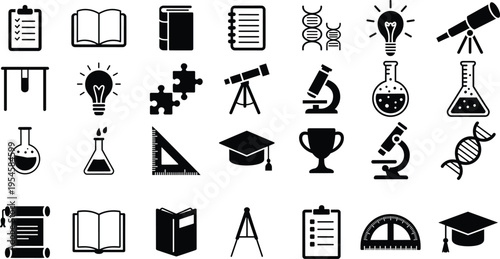 collection of science and education themed icons, including light bulbs, books, microscopes, and beakers