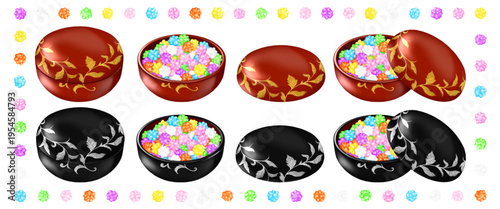 金平糖が入った赤と黒の漆器のボンボニエール　高級感のある金と銀の葉模様入り