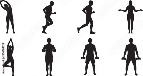 Silhouettes of people exercising in various fitness poses and activities