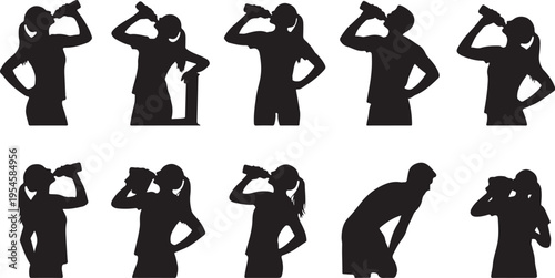 Silhouettes of people drinking from bottles in various poses