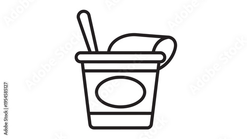 Cup yogurt icon with spoon and open lid, simple black outline drawing on white background. featuring container, food, dairy with eating and breakfast