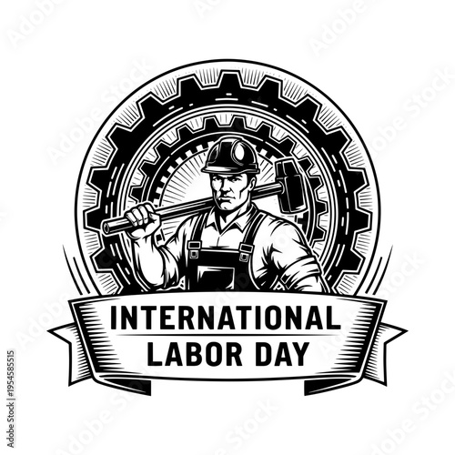 Empowering vintage illustration celebrating International Labor Day with a strong worker and industrial gear design