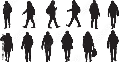 Silhouettes of people walking in various poses and directions