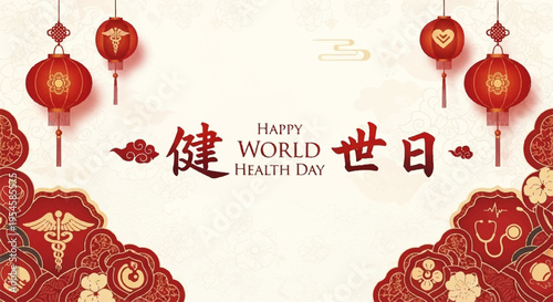 Happy world health day greeting card with red lanterns and chinese characters on beige background