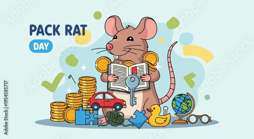 A cartoon mouse pack rat collecting coins treasures and reading a book in a playful scene
