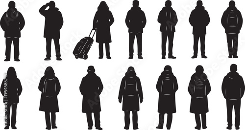 Silhouettes of people in various poses and outfits standing