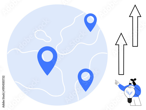 Navigation, global reach, growth analytics, strategy, business expansion, direction. A globe with blue location pins and upward arrows. Navigation and global reach concepts are