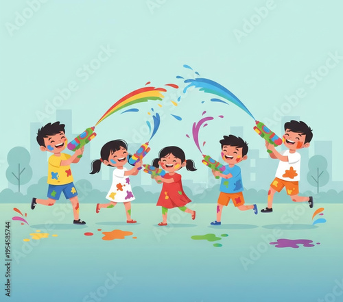 Joyful children engage in a vibrant outdoor celebration, happily splashing colorful water from squirt guns amidst laughter and festive fun in a playful city setting