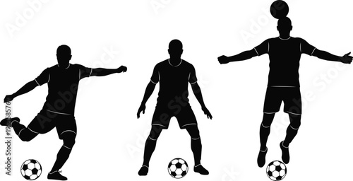 Soccer player silhouette set with football ball actions including kicking dribbling and heading isolated sports athlete vector illustration