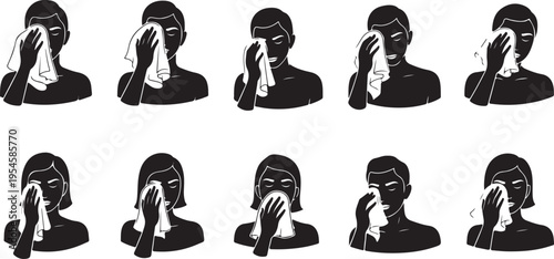 Silhouette of a woman blowing her nose in various positions
