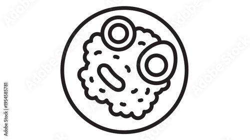 Dish with rice and eggs icon with black outline on white background, representing food and breakfast meal simplicity.