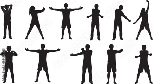 Silhouettes of people in various dance poses and movements