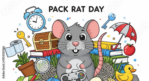 Cute cartoon mouse character surrounded by cluttered hoarded items for pack rat day concept