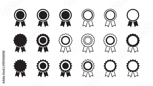 Medals and ribbons icon set with various circular rosette designs and different styles of decorative banners, presented in black on a white