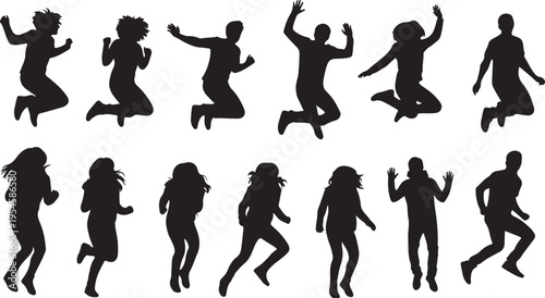 Silhouettes of people jumping and dancing in various poses