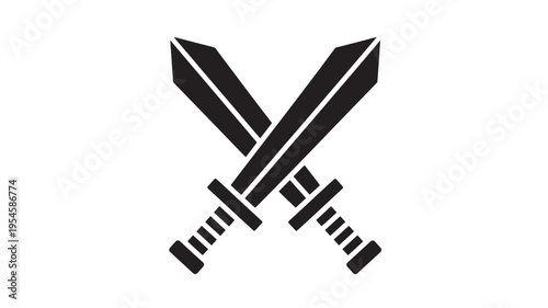 Swords crossed black icon with sharp blades and striped handles on a white background, representing combat or duel.