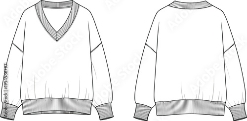 V neck sweater front and back technical fashion illustration long sleeve knit pullover apparel vector clothing design template